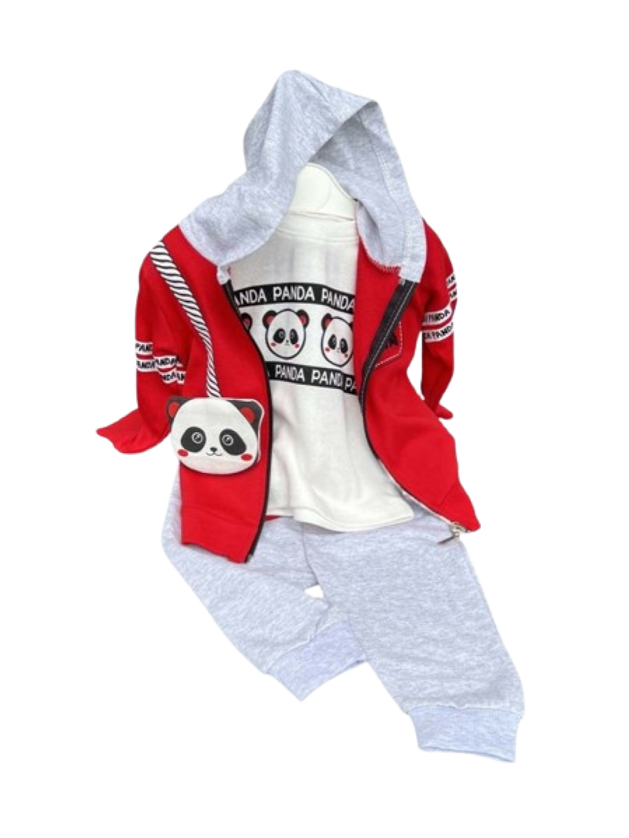 Trening baieti rosu-gri Panda trei piese,gecuta rosie cu gluga ,bluza alba maneca lunga si pantaloni gri 1-2 ani