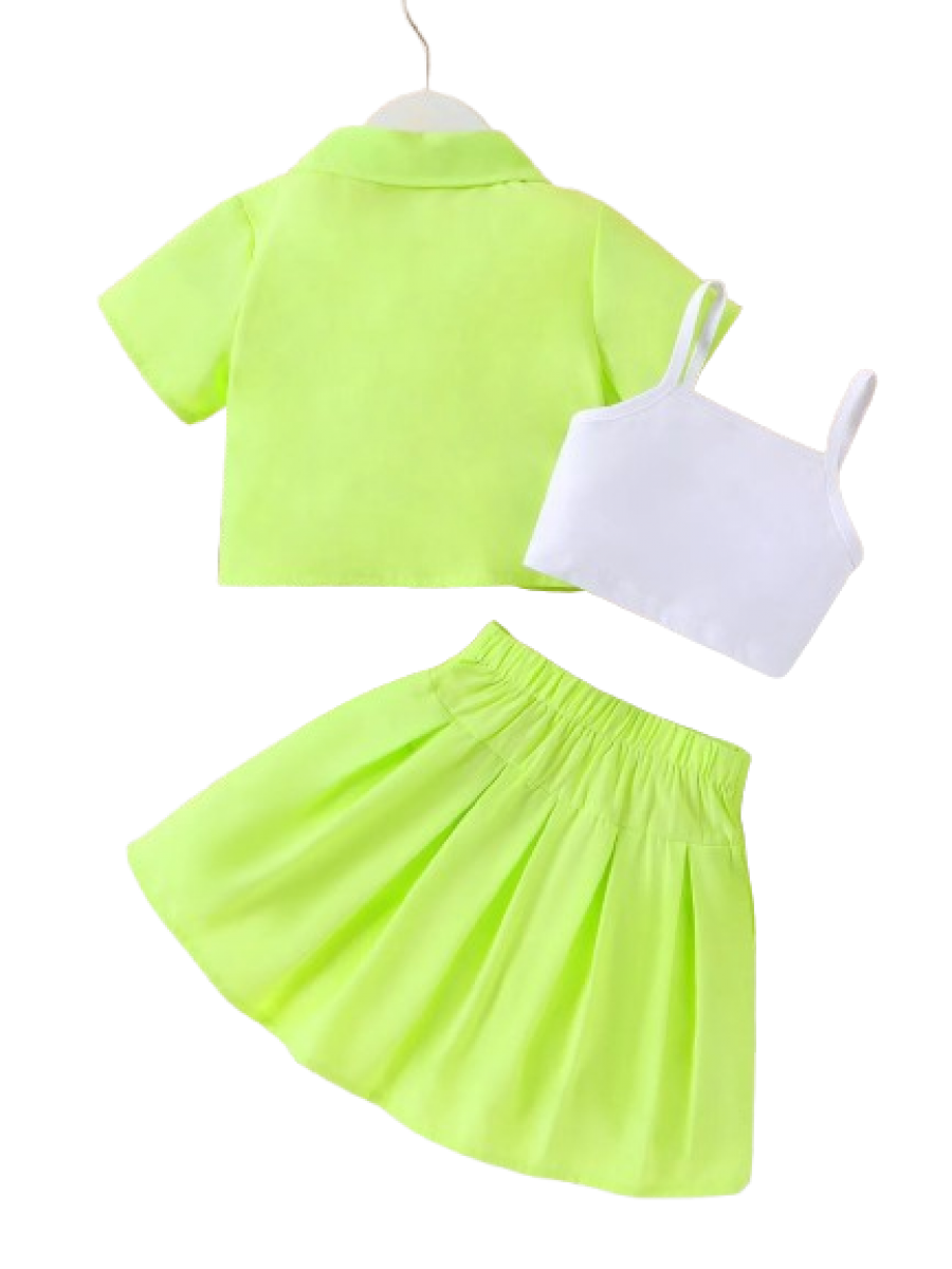 Set Vestimentar Fetiță 3 Piese – Cămașă Verde Neon, Bustieră Albă și Fustă Plisată (4-7 Ani)