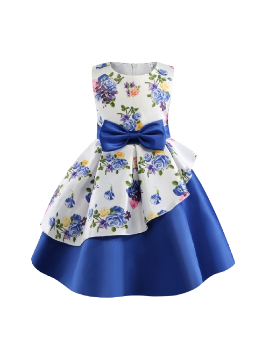 Rochie alb- albastra cu imprimeu de trandafiri si fundita albastra pentru fete 2-7 ani