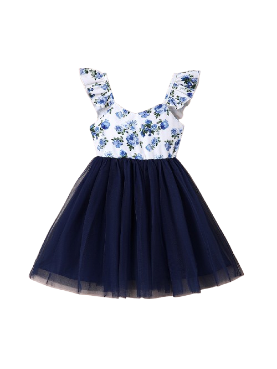 Rochie alb-bleumarin cu imprimeu floral pentru fete 1-5 ani