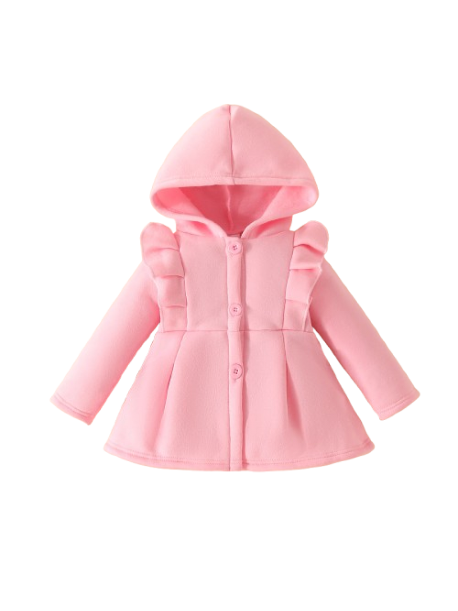 Paltonaș roz elegant pentru fetițe cu glugă și volănașe 3-12 luni
