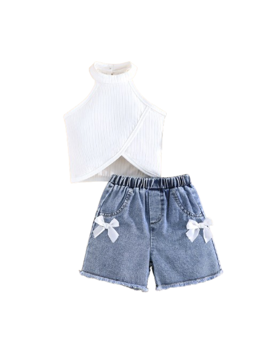 Set fete 2 piese - maieu alb si pantaloni scurti denim decorati cu 2 fundite ( 3-7 ani)