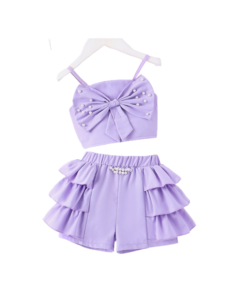 Set fete 2 piese - maieu si pantaloni scurti mov cu volanase si perlute (4- 7 ani)