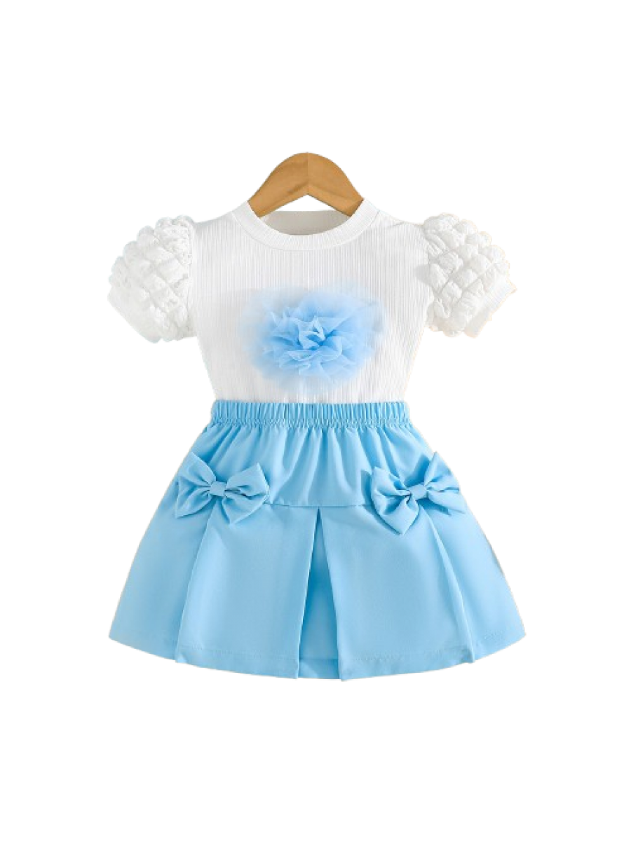 Set tricou alb si fustita albastra fetiță cu Fundițe și Floare 3D – Mărimi 18 Luni până la 7 Ani