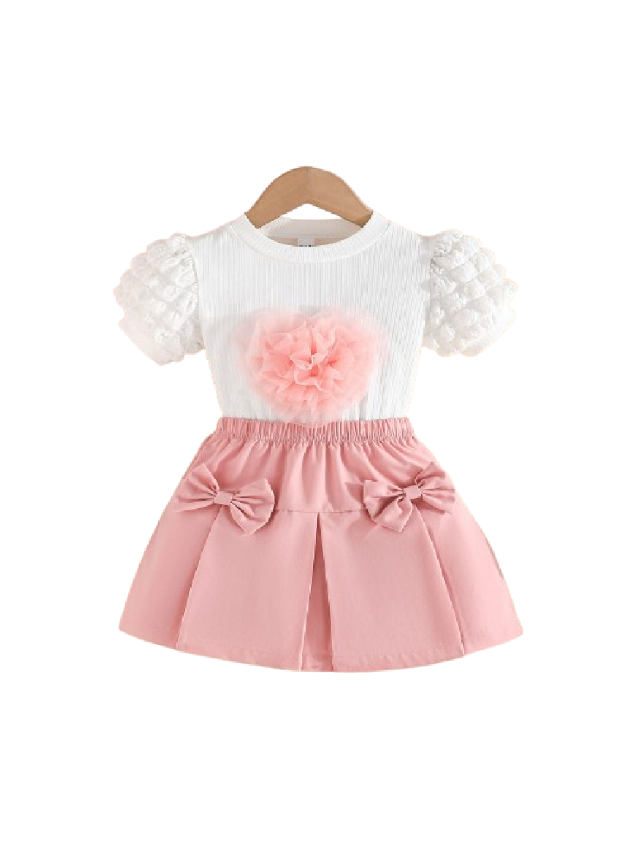 Set tricou alb si fustita fetiță cu Fundițe și Floare 3D – Mărimi 18 Luni până la 7 Ani