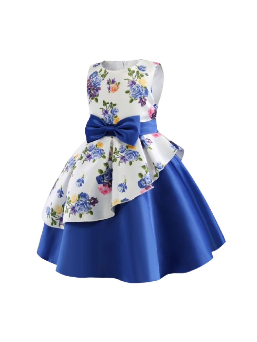 Rochie alb- albastra cu imprimeu de trandafiri si fundita albastra pentru fete 2-7 ani