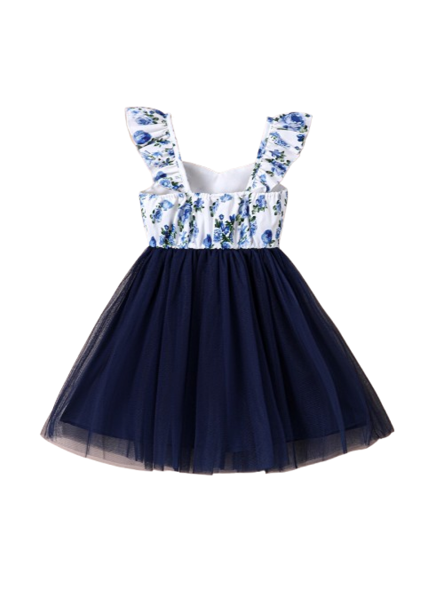 Rochie alb-bleumarin cu imprimeu floral pentru fete 1-5 ani