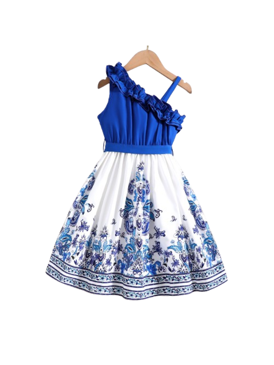 Rochie Fetiță  Albastră Elegantă cu Bretea Asimetrică și Imprimeu Floral