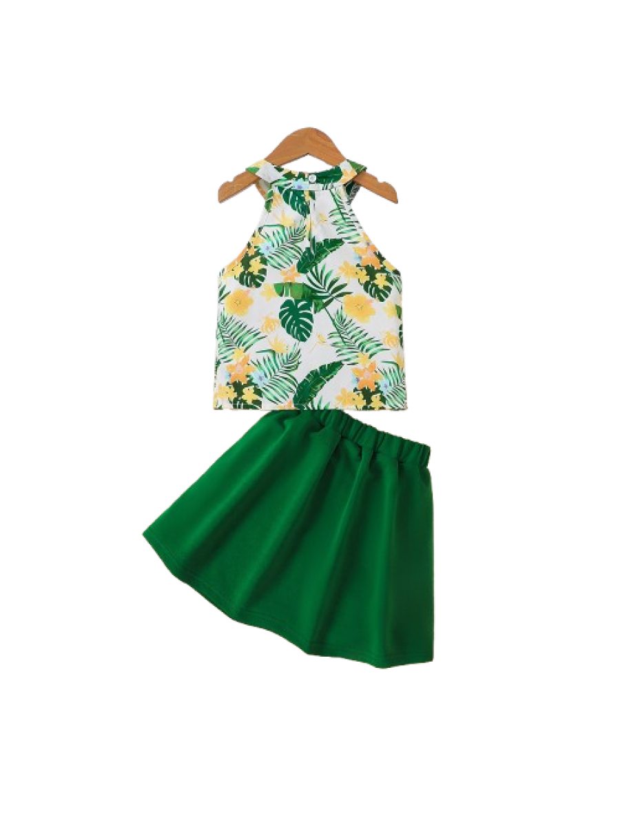 Set Fetiță 2 Piese – Top cu imprimeu tropical și fustita verde (4-7 ani)