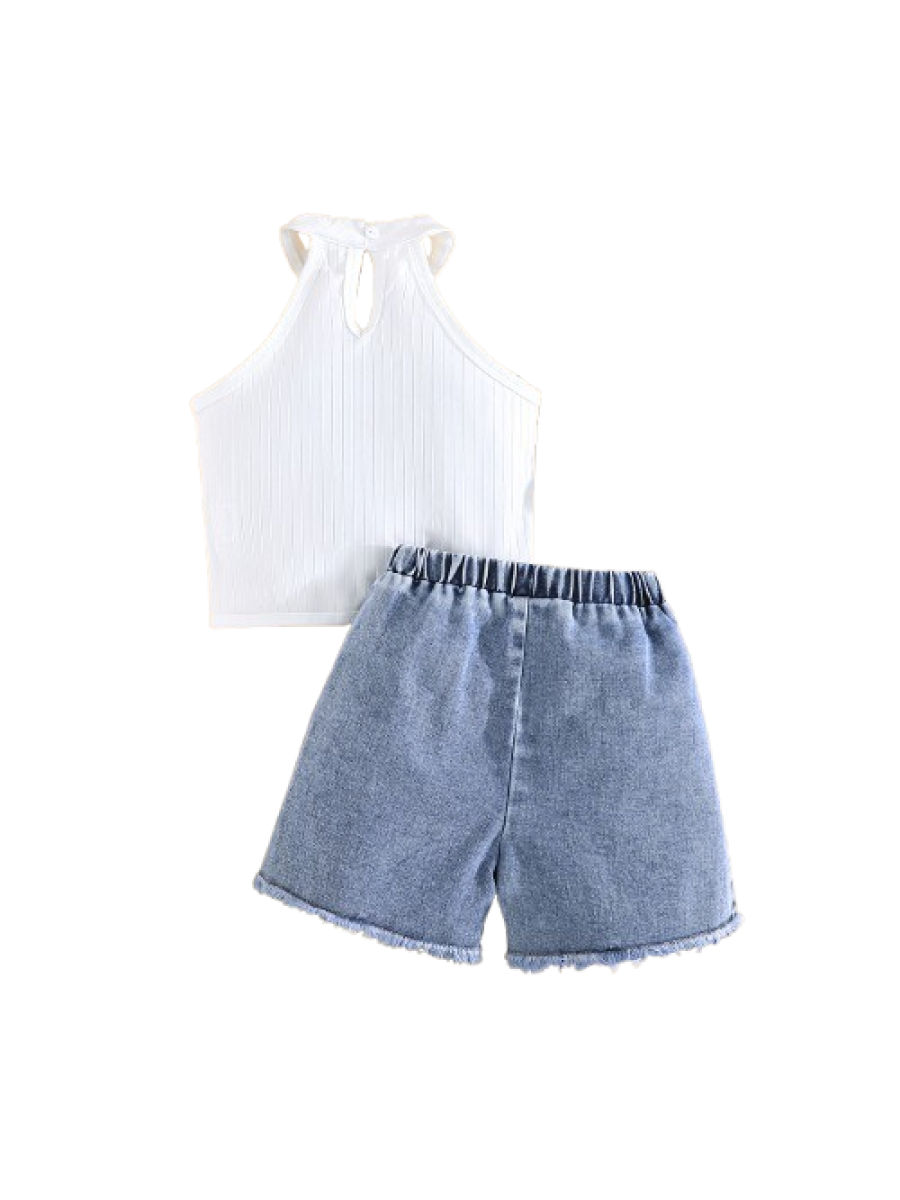 Set fete 2 piese - maieu alb si pantaloni scurti denim decorati cu 2 fundite ( 3-7 ani)