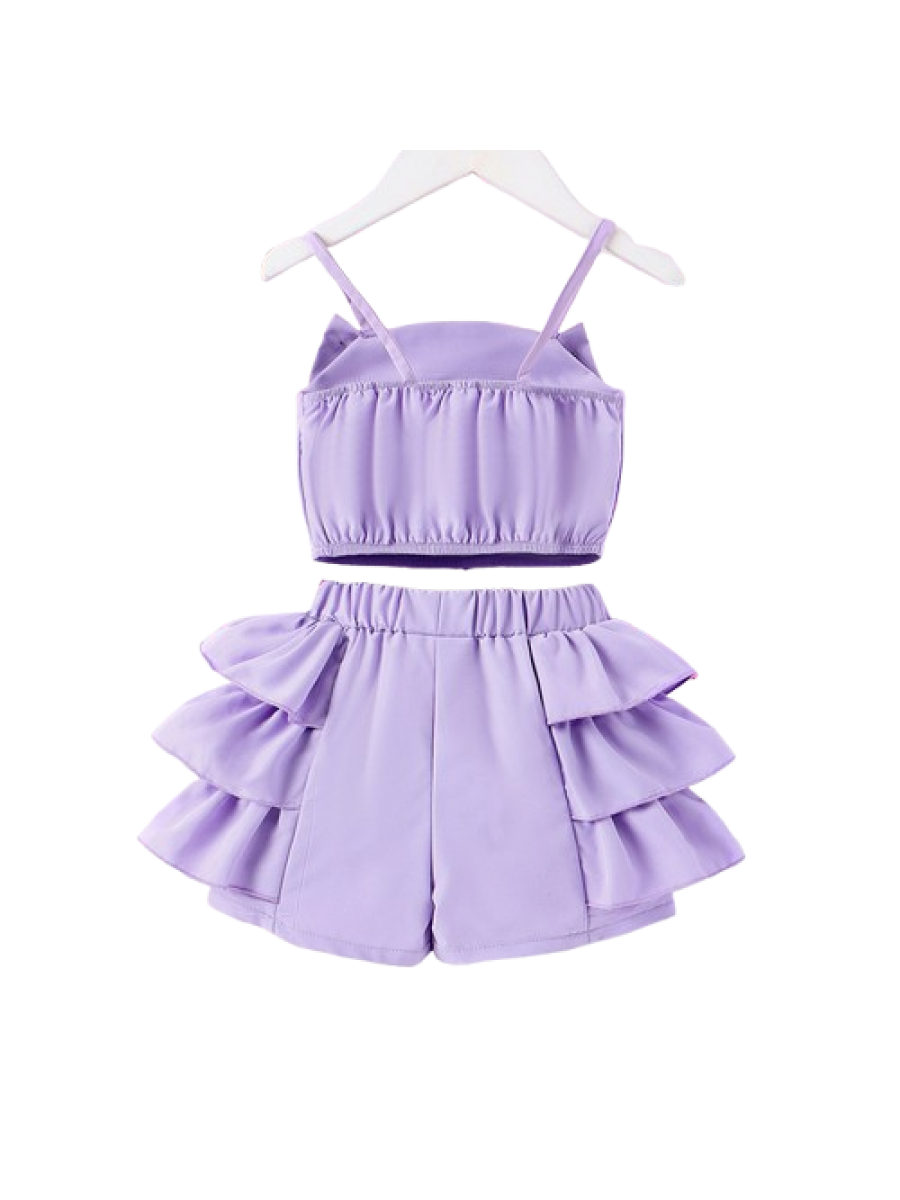 Set fete 2 piese - maieu si pantaloni scurti mov cu volanase si perlute (4- 7 ani)