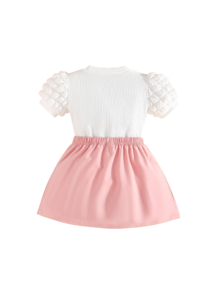 Set tricou alb si fustita fetiță cu Fundițe și Floare 3D – Mărimi 18 Luni până la 7 Ani