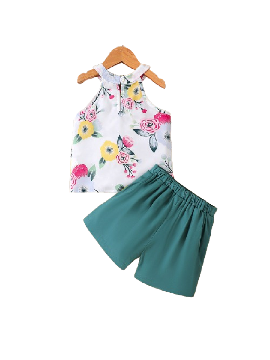 Set fete 2 piese - maieu alb cu imprimeu floral si pantaloni scurti verzi 3-5 ani