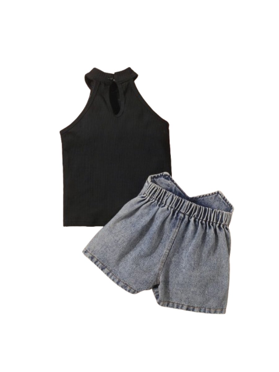 Set fete 2 piese - maieu negru si pantaloni scurti denim (1-5ani)