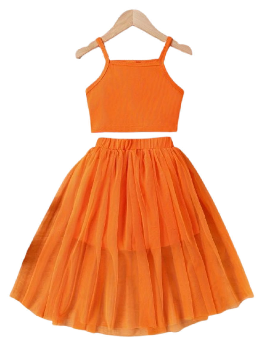 Set fete 2 piese -top si fustita portocalie ( 5-13 ani)