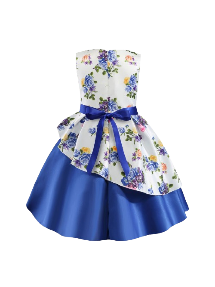 Rochie alb- albastra cu imprimeu de trandafiri si fundita albastra pentru fete 2-7 ani