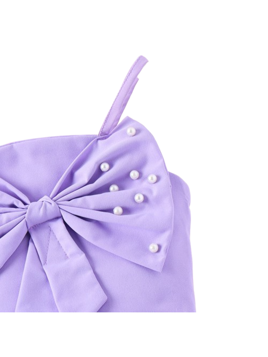 Set fete 2 piese - maieu si pantaloni scurti mov cu volanase si perlute (4- 7 ani)