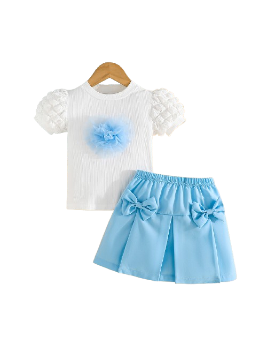 Set tricou alb si fustita albastra fetiță cu Fundițe și Floare 3D – Mărimi 18 Luni până la 7 Ani