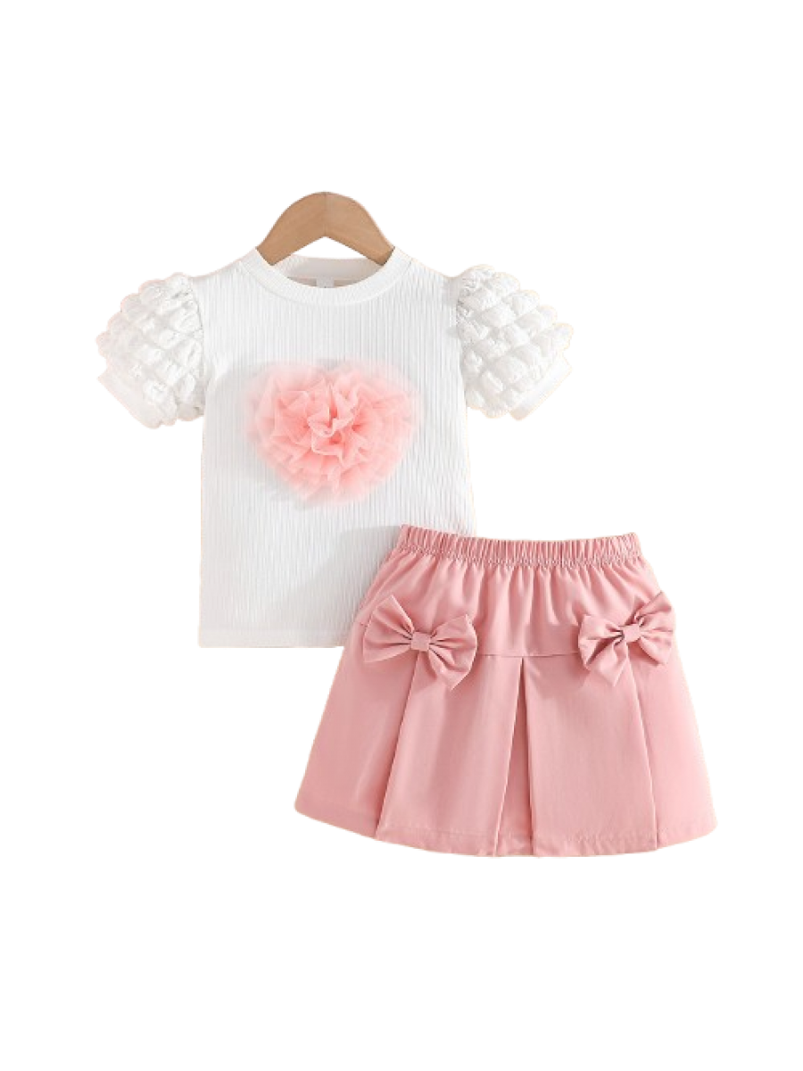 Set tricou alb si fustita fetiță cu Fundițe și Floare 3D – Mărimi 18 Luni până la 7 Ani