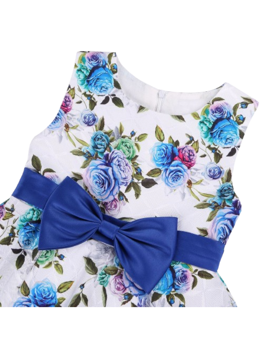 Rochie alb- albastra cu imprimeu de trandafiri si fundita albastra pentru fete 2-7 ani