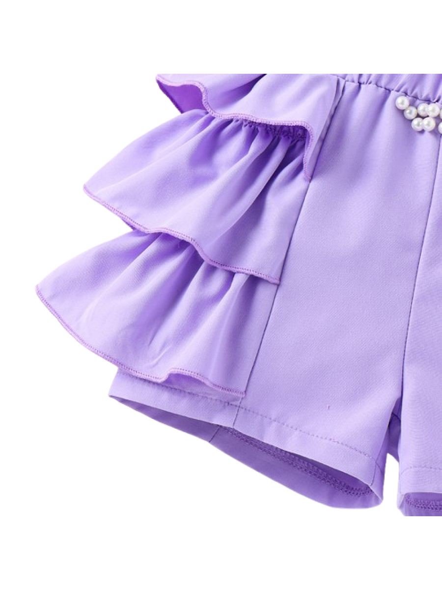 Set fete 2 piese - maieu si pantaloni scurti mov cu volanase si perlute (4- 7 ani)