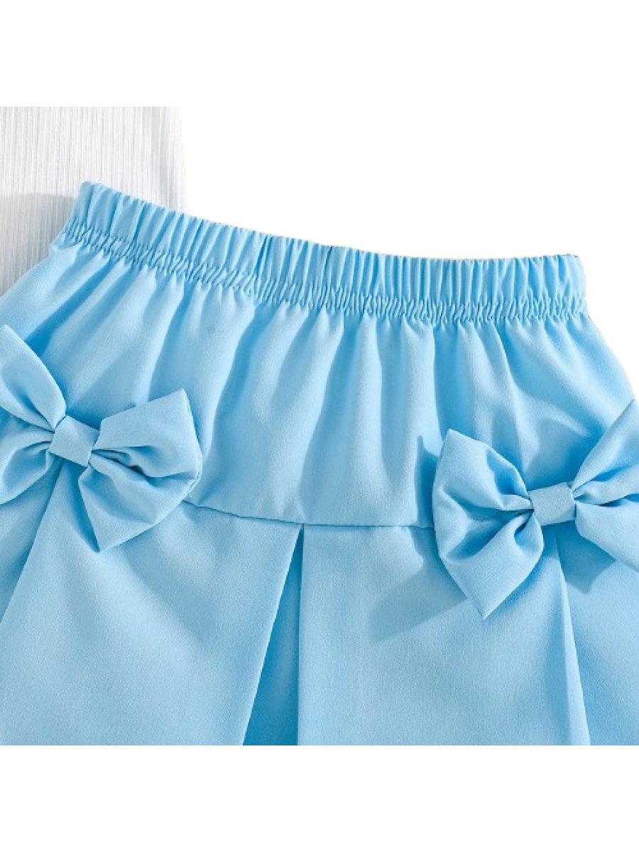 Set tricou alb si fustita albastra fetiță cu Fundițe și Floare 3D – Mărimi 18 Luni până la 7 Ani